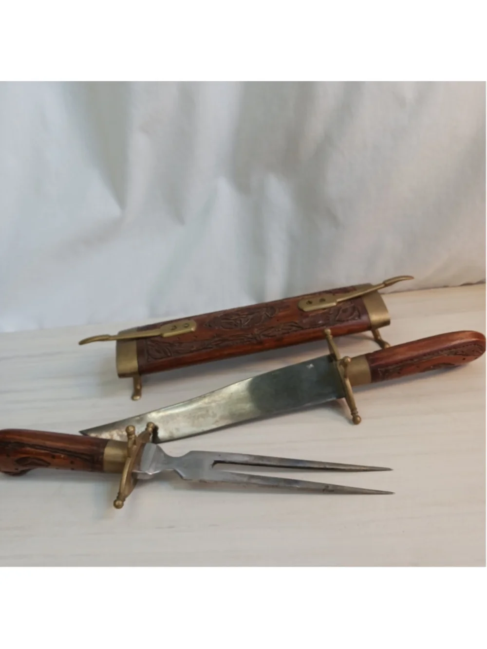 VTG India Carved Wooden Knife Cutlery Set Knife And Fork Brass Wood Sheath Boho